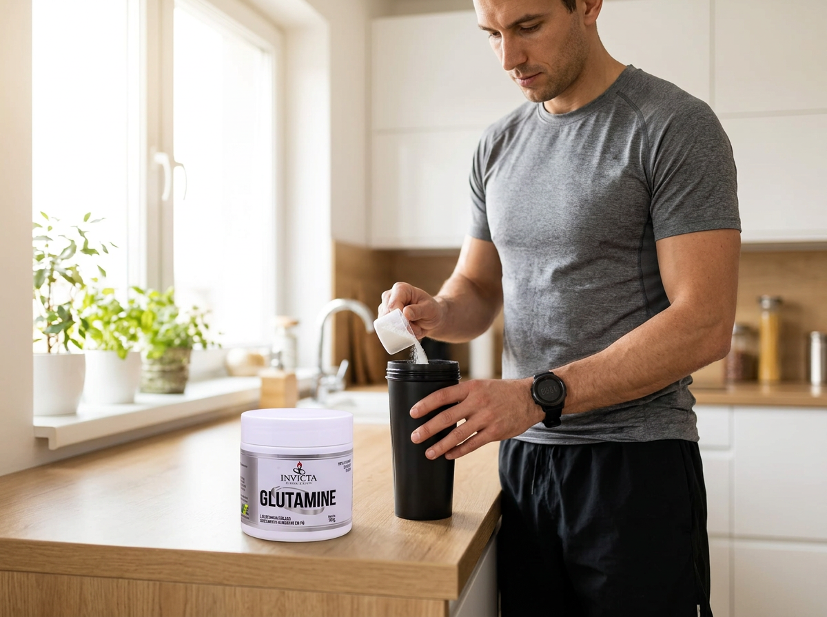 Homem preparando uma dose de Glutamine Invicta na coqueteleira