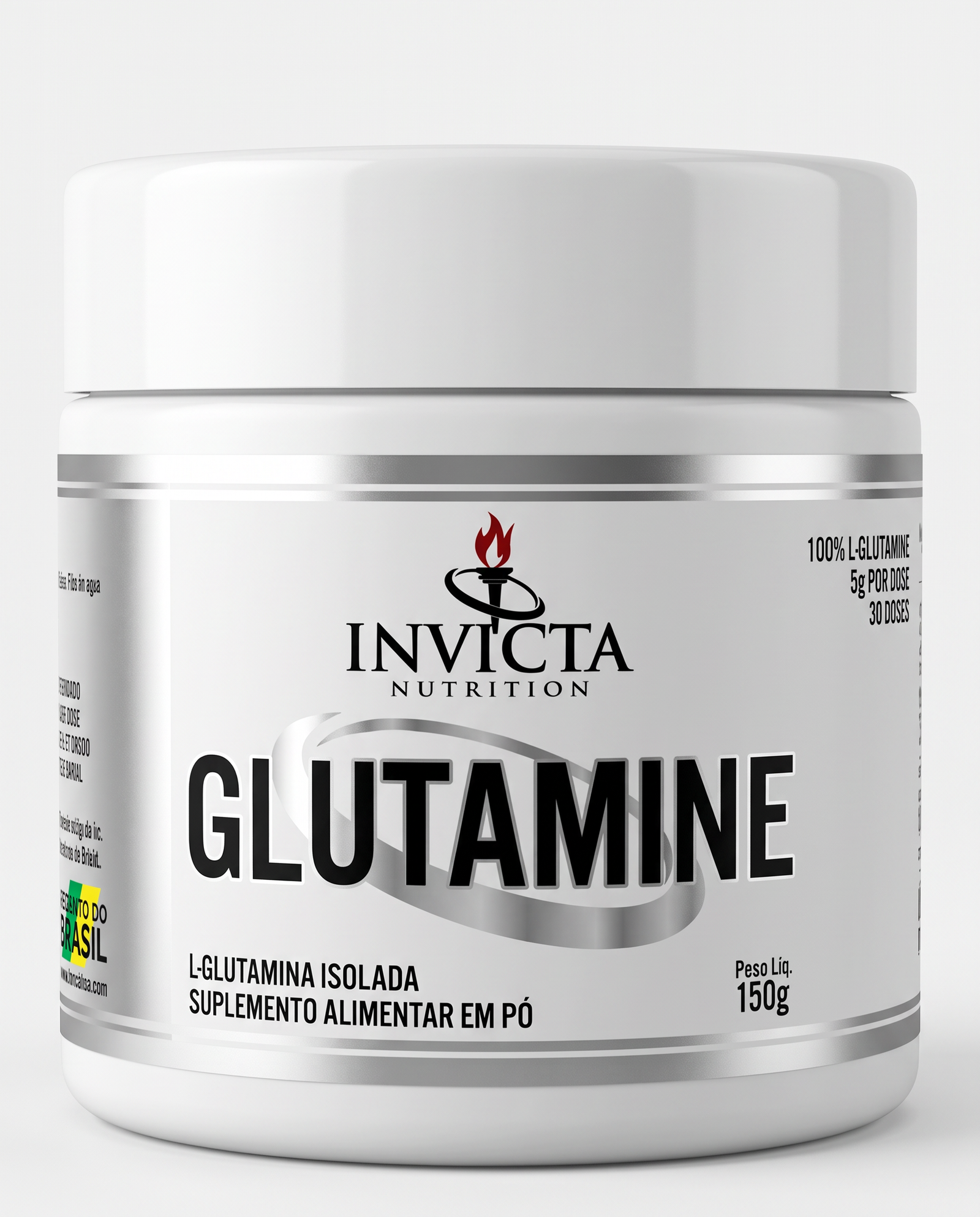 Pote de Glutamine Invicta Nutrition 150g ao lado de coqueteleira e halter